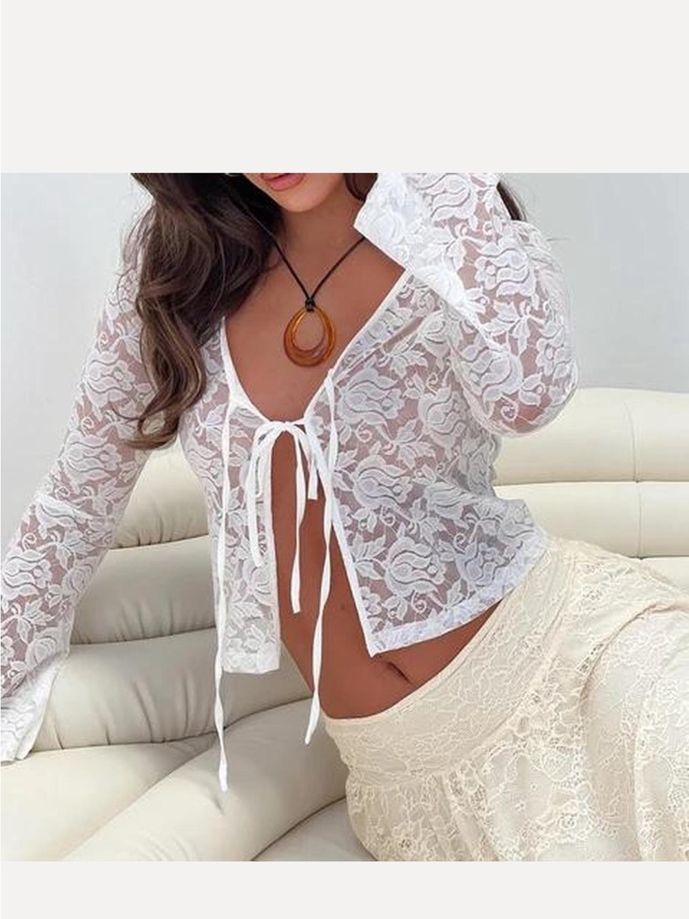 Princess Polly Sheer White Lace Tie-Front Top